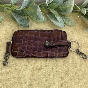 Brighton Twister patent leather wristlet purple crocodile zip top card ID holder